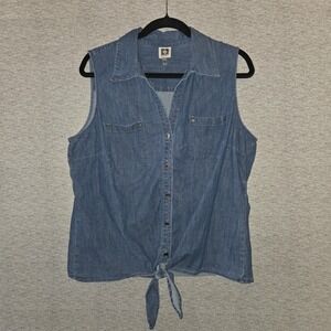 Anne Klein Chambray Blue Denim Blouse Women's Large Top Sleeveless Tie Shirt